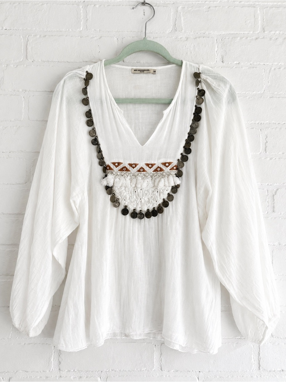 Mes Demoiselles Paris Ania White  Boho Peasant Blouse Coin Embellished Size 38 - Picture 2 of 13